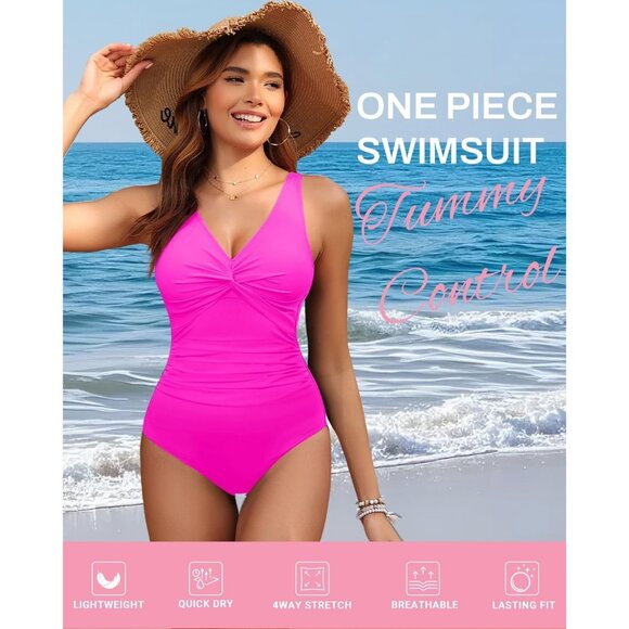 Holipick Women Pink Tummy Control One Piece Push Up Bathing Swimsuit - Picture 2 of 6